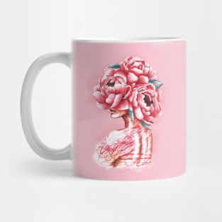 Pretty young girl with peonies in hair Mug